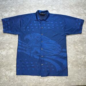 Vintage Trust Eagle Flag Shirt Blue Patriotic Button Up XXL Korea